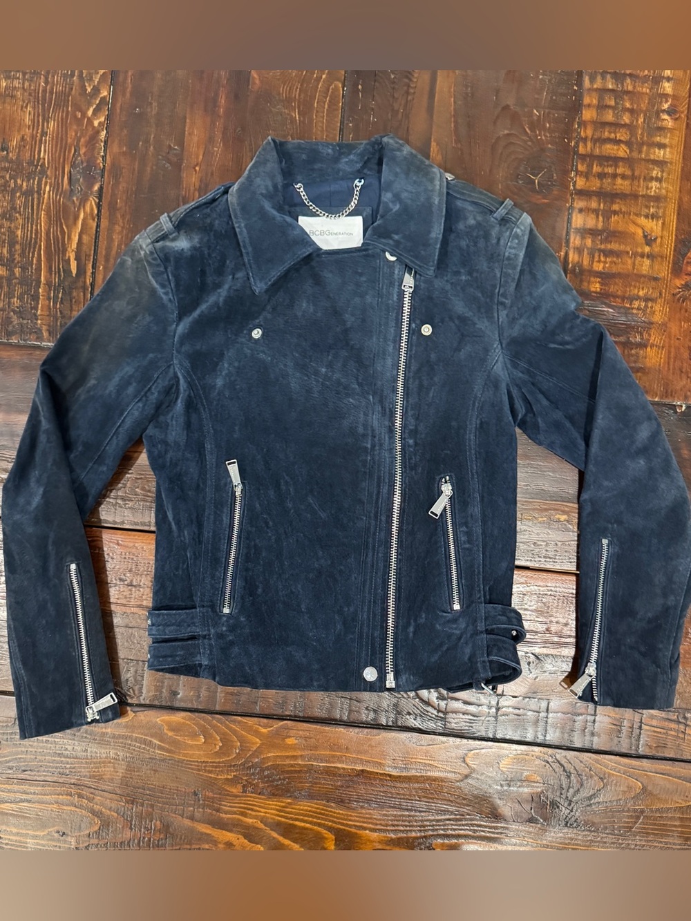 BCBGeneration Size S Genuine Suede Moto Jacket in Navy